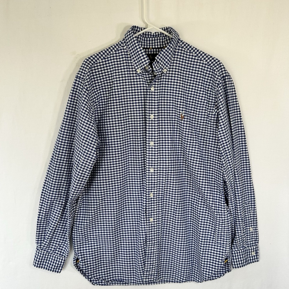 Polo Ralph Lauren Shirt Mens L Gingham Check Blue White Heavyweight Button Down